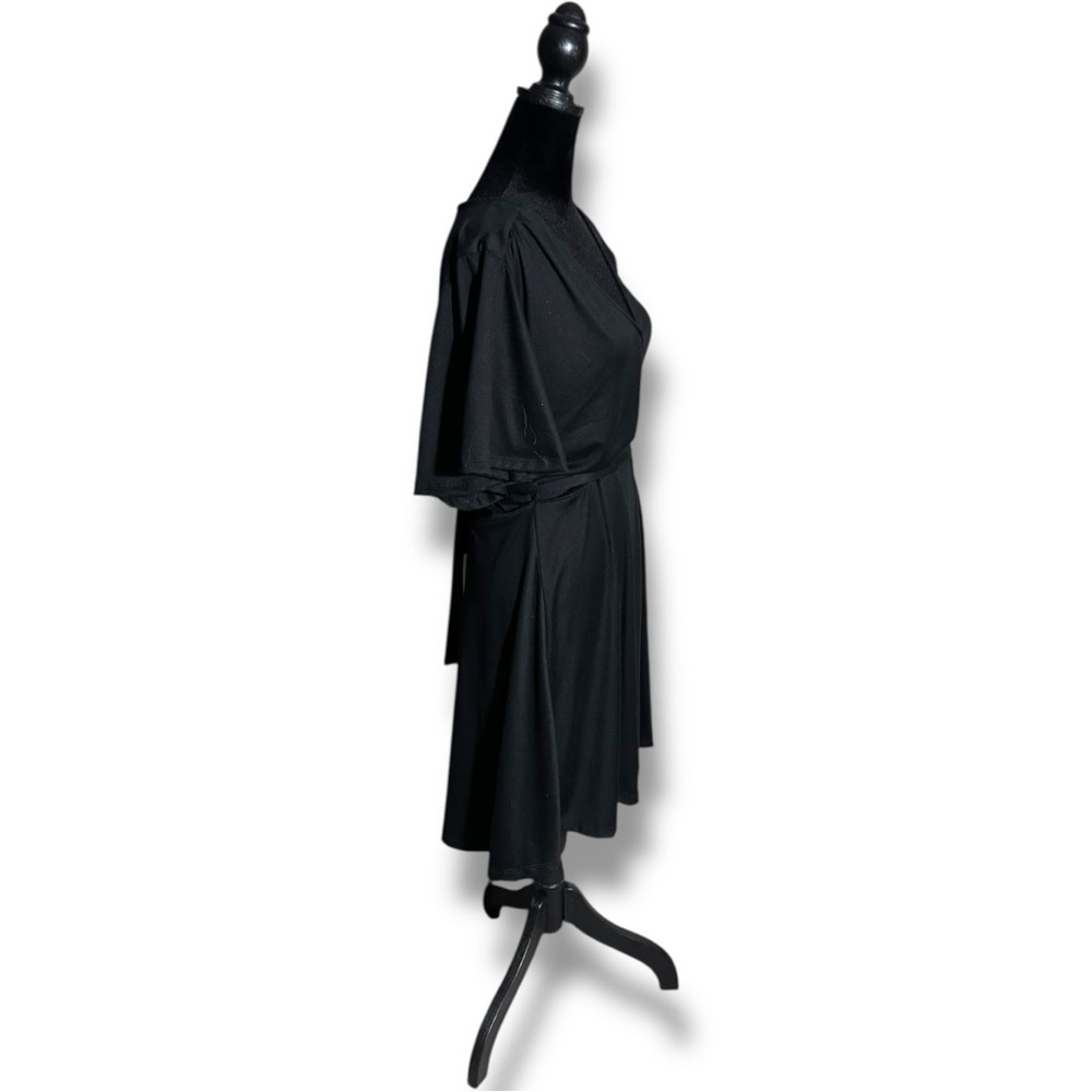 Velvet Torch Black Short Flutter Bell Sleeve Wrap Style V-Neck Midi Dress - Picture 3 of 16